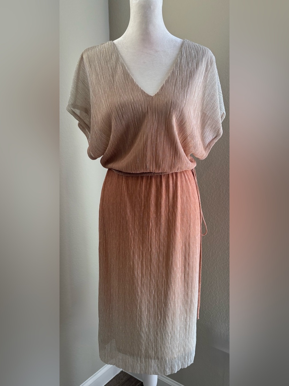 Apricot Wrap Style Midi Dress Tie Waist Flowy Feminine Dress